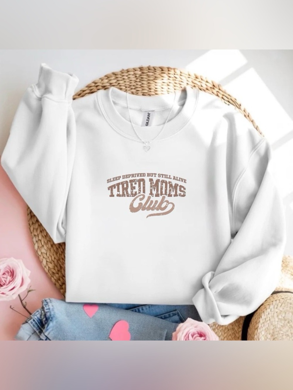 Tired Moms Club White Crewneck Sweatshirt Funny Mom Life Mama Gift